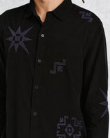 wax london men's Trin - Black Geometrical Embroidered Corduroy Shirt