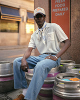 wax london men's Turin - Blue And Ecru Retro Stripe Knitted Cotton Polo