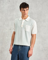wax london men's Turin - Blue And Ecru Retro Stripe Knitted Cotton Polo