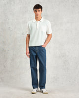 wax london men's Turin - Blue And Ecru Retro Stripe Knitted Cotton Polo