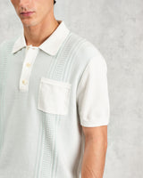 wax london men's Turin - Blue And Ecru Retro Stripe Knitted Cotton Polo