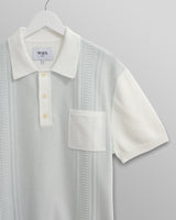 wax london men's Turin - Blue And Ecru Retro Stripe Knitted Cotton Polo