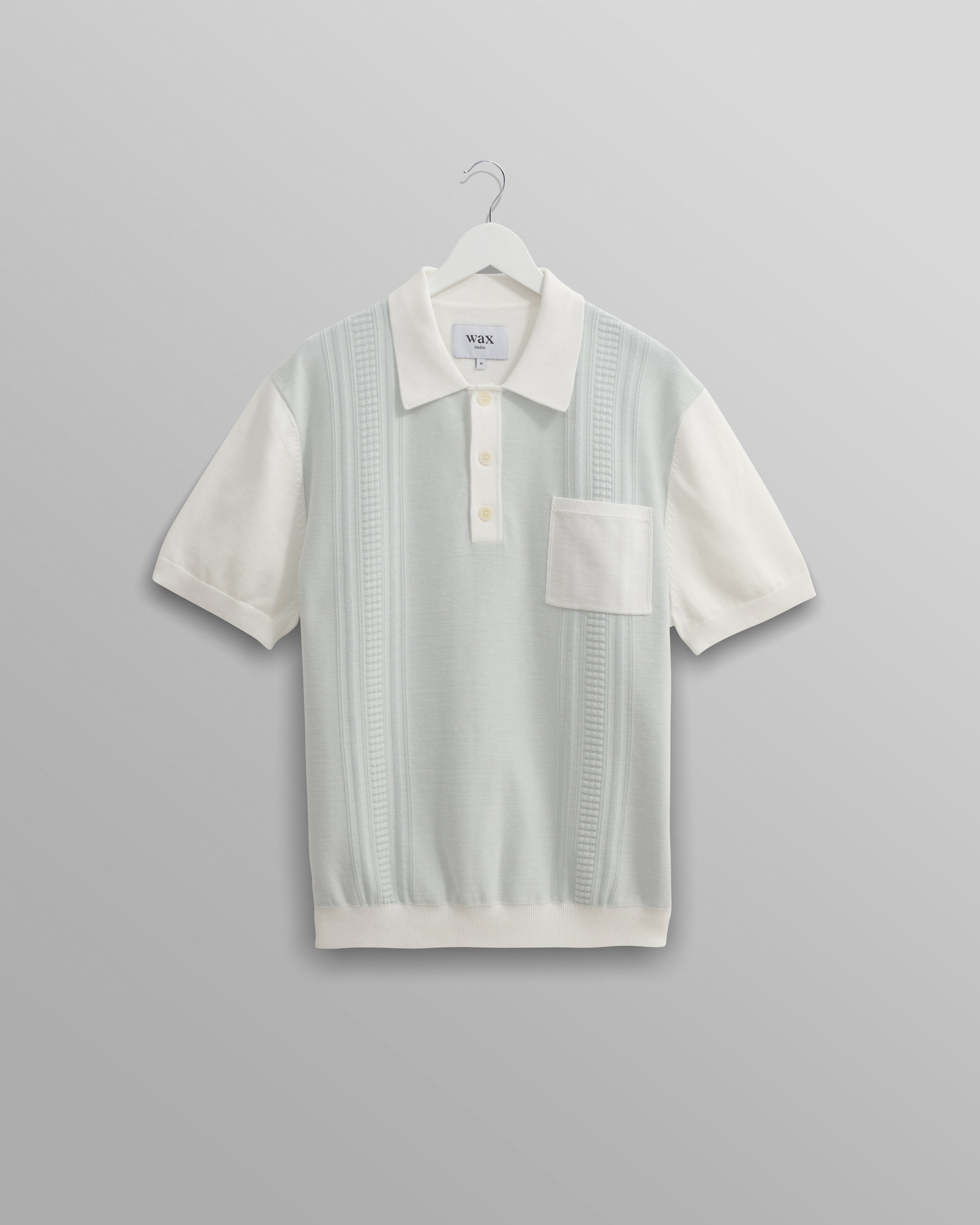 wax london men's Turin - Blue And Ecru Retro Stripe Knitted Cotton Polo