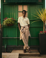 wax london men's Turin - Light Khaki Ladder Stripe Knitted Cotton Polo