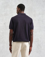 wax london men's Turin - Navy And Khaki Retro Stripe Knitted Cotton Polo