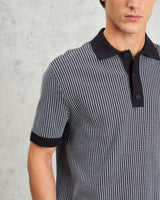 wax london men's Turin - Navy Ladder Stripe Knitted Cotton Polo