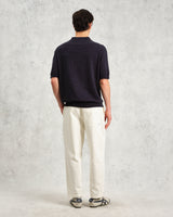 wax london men's Turin - Navy Slub Knitted Cotton And Linen Polo
