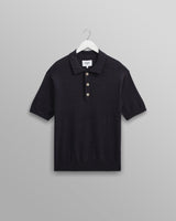 wax london men's Turin - Navy Slub Knitted Cotton And Linen Polo