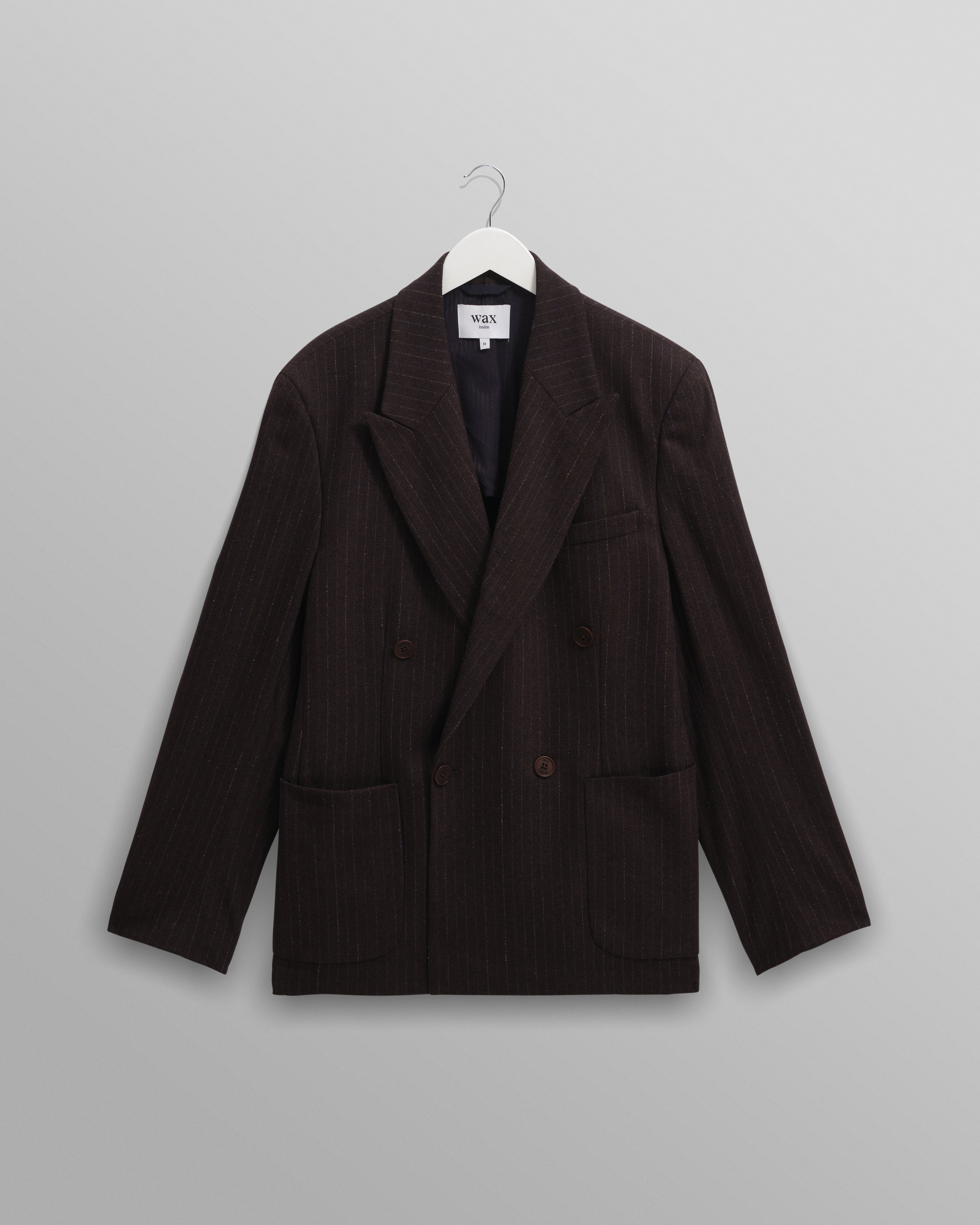 wax london men's Vigo - Dark Brown Double Breasted Wool Pinstripe Blazer