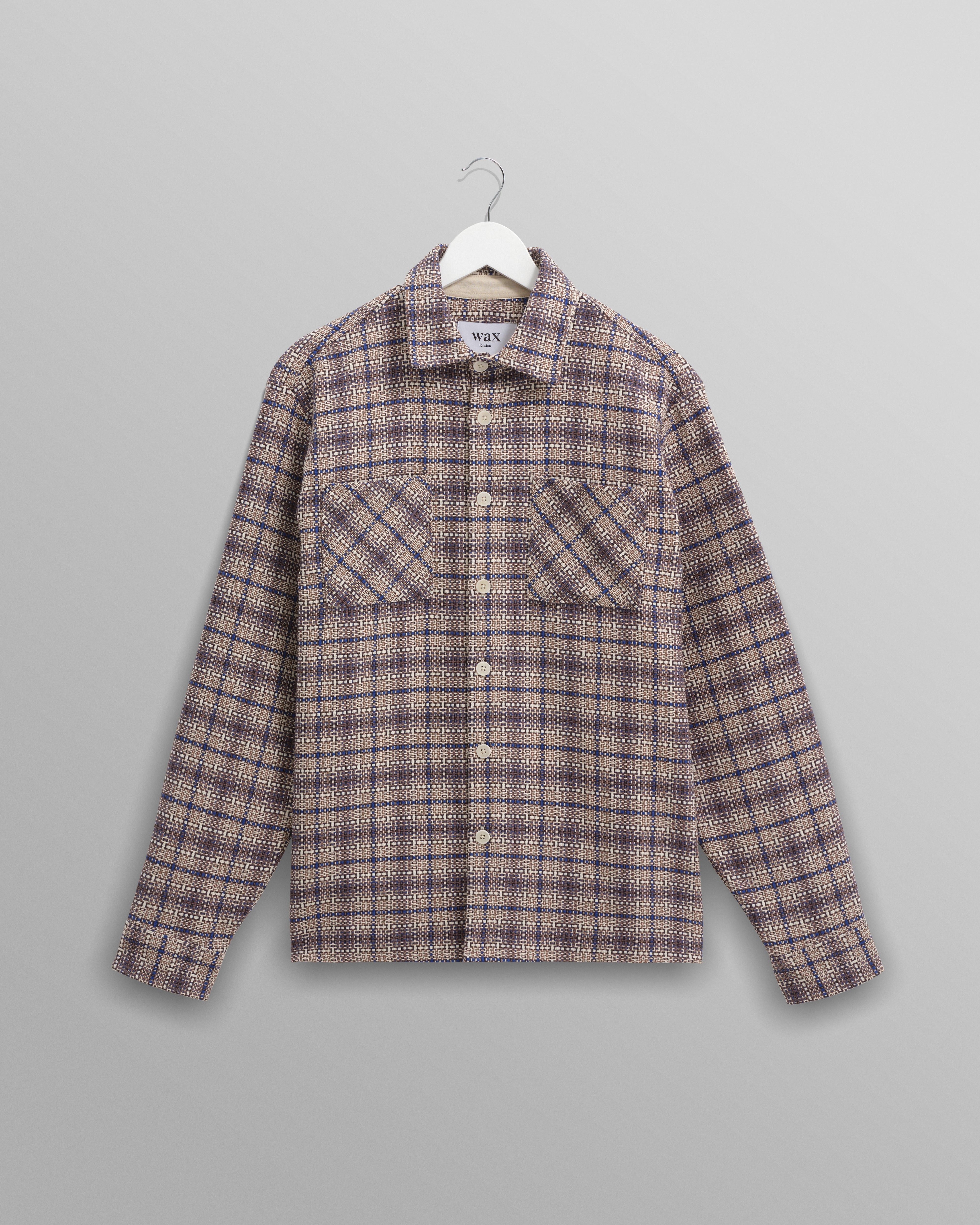 wax london men's Whiting - Ecru And Blue Basket Check Overshirt