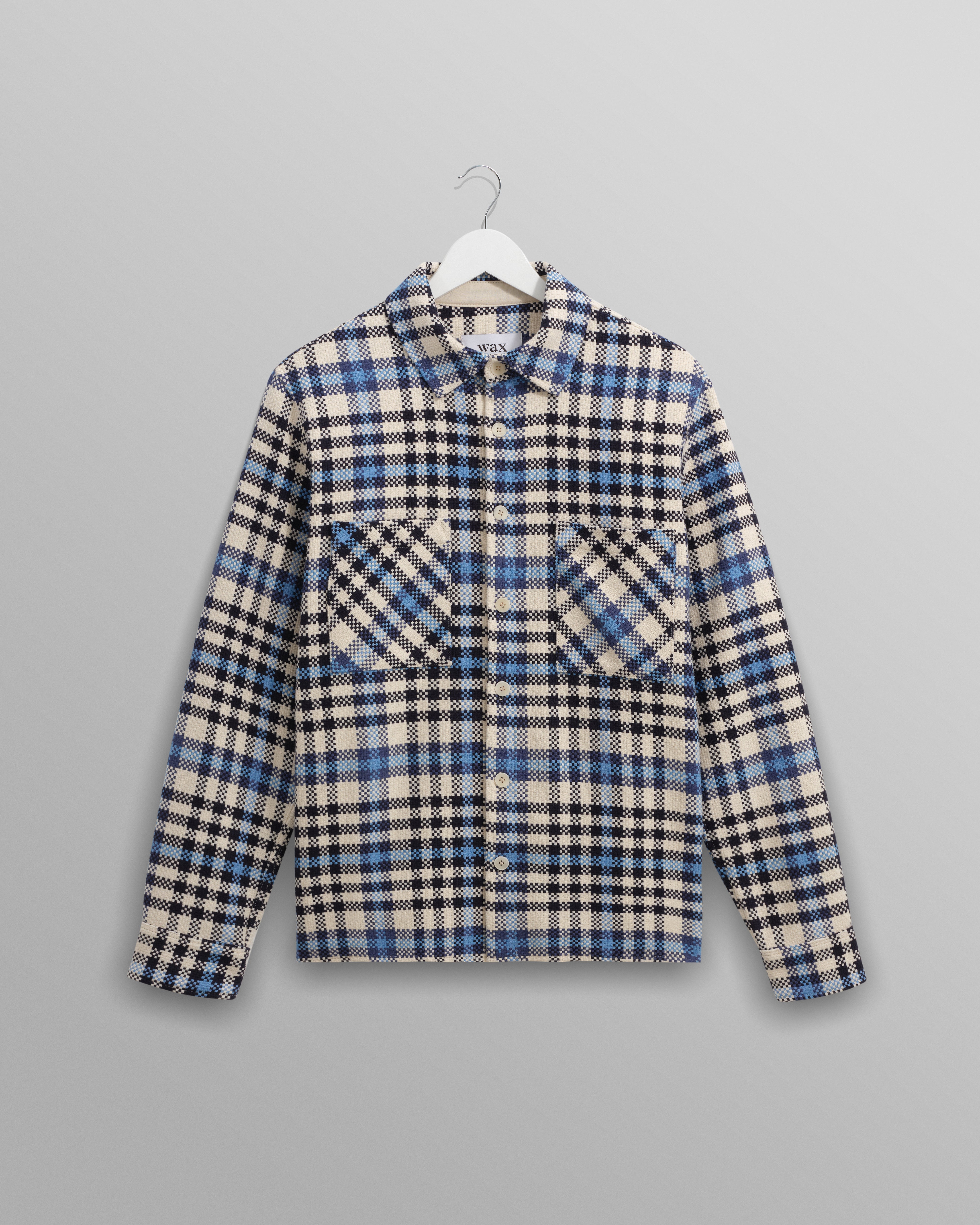 wax london men's Whiting - Ecru And Blue Strand Check Overshirt
