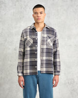 wax london men's Whiting - Navy And Ecru Addle Check Overshirt