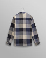 wax london men's Whiting - Navy And Ecru Block Check Overshirt