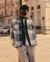 wax london men's Whiting - Navy And Ecru Block Check Overshirt