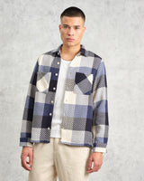 wax london men's Whiting - Navy And Ecru Block Check Overshirt