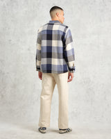 wax london men's Whiting - Navy And Ecru Block Check Overshirt