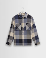 wax london men's Whiting - Navy And Ecru Block Check Overshirt
