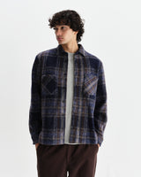 wax london men's Whiting - Navy Wool Check Overshirt
