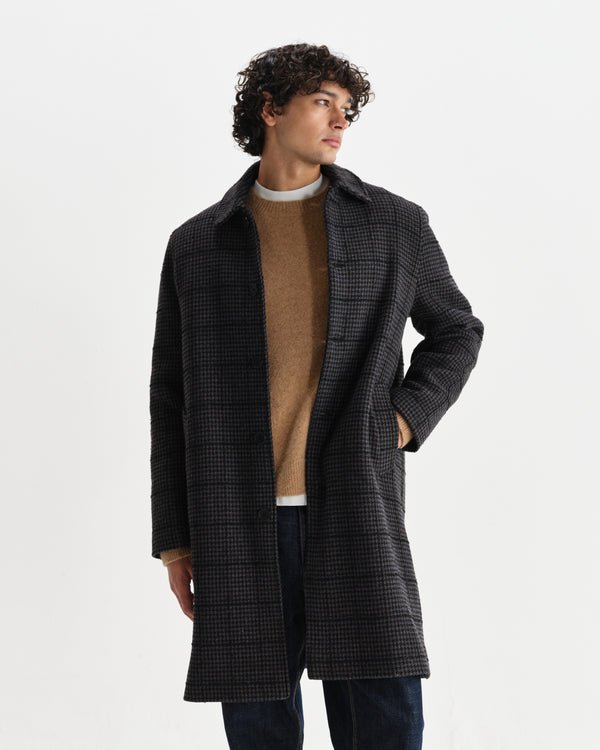 Stan - Navy And Grey Puppytooth Check Italian Wool Car Coat