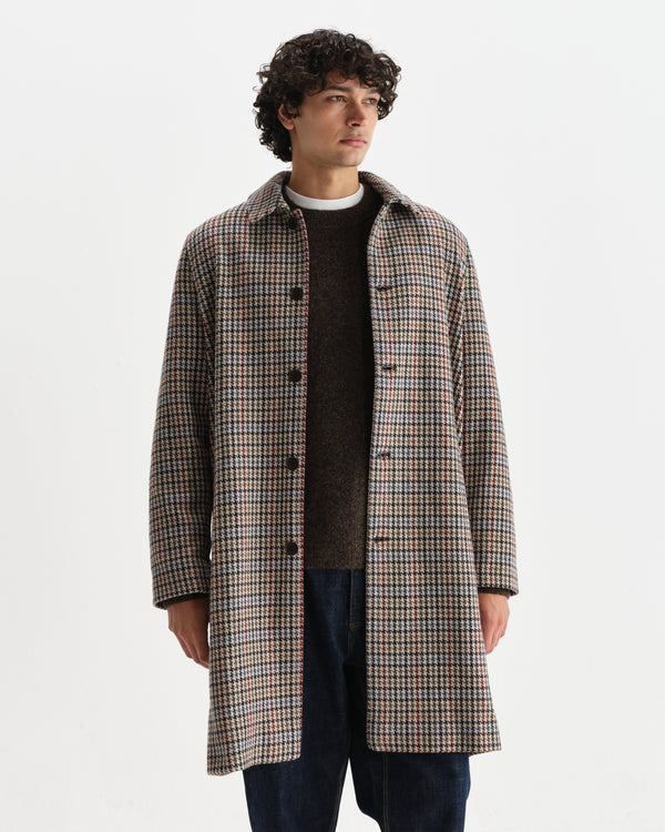 Stan - Natural Houndstooth Check Italian Wool Car Coat