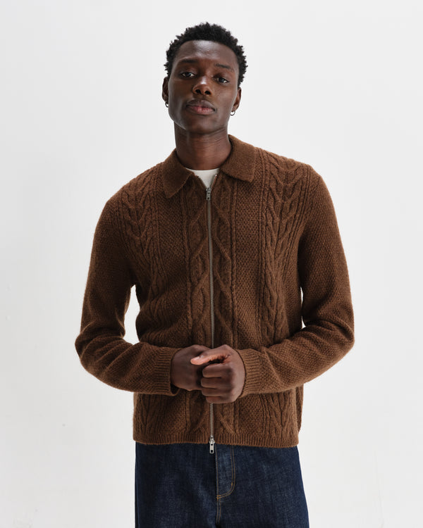 Friar - Brown Brush Cable Knit Zip Cardigan