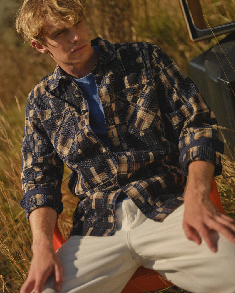 Men's Natural And Navy Glitch Check Overshirt | Wax London