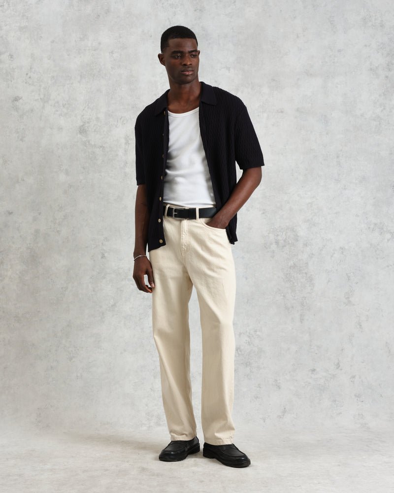 Tellaro - Navy Honeycomb Knitted Cotton Polo Shirt