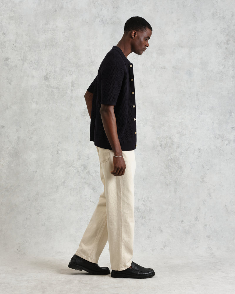 Tellaro - Navy Honeycomb Knitted Cotton Polo Shirt