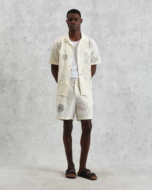 wax london men's Kurt - Ecru Doodle Embroidered Shorts