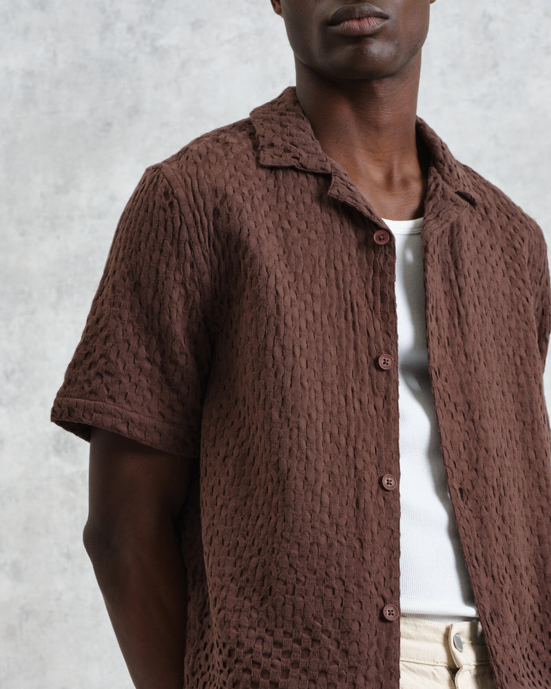 Lido - Brown Dobby Cotton Weave Short-Sleeve Shirt
