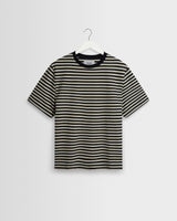 Dean - Navy/Ecru Striped Textured Organic Cotton T-Shirt