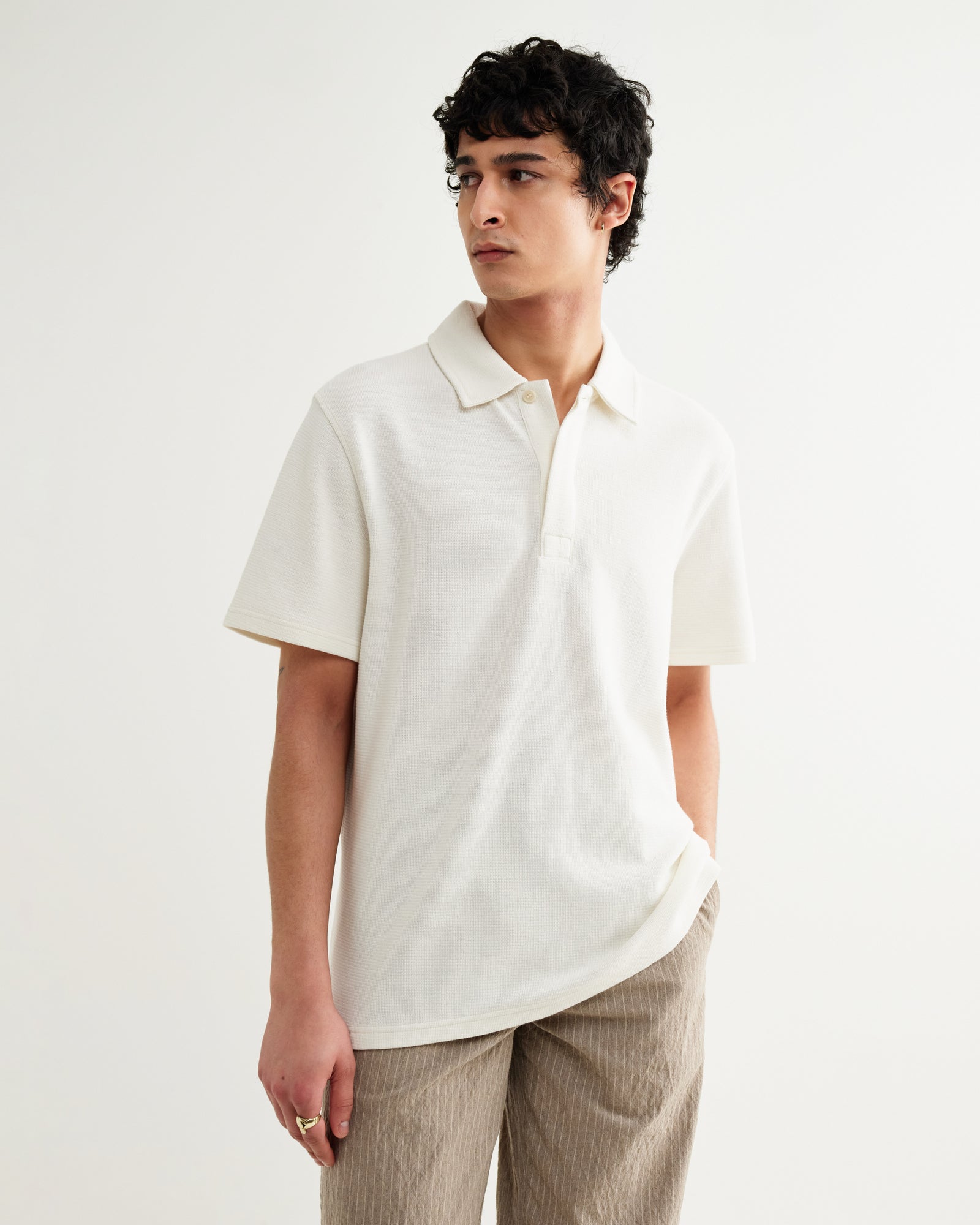 Men's Ecru Textured Organic Cotton Polo Shirt | Wax London