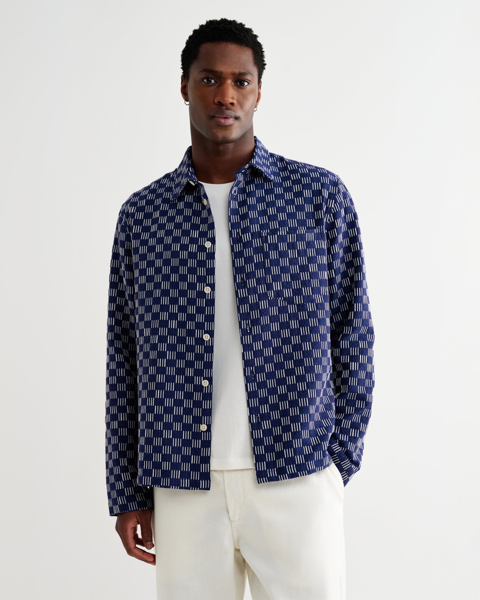 Men's Indigo And Ecru Geometric Grid Stitch Overshirt | Wax London