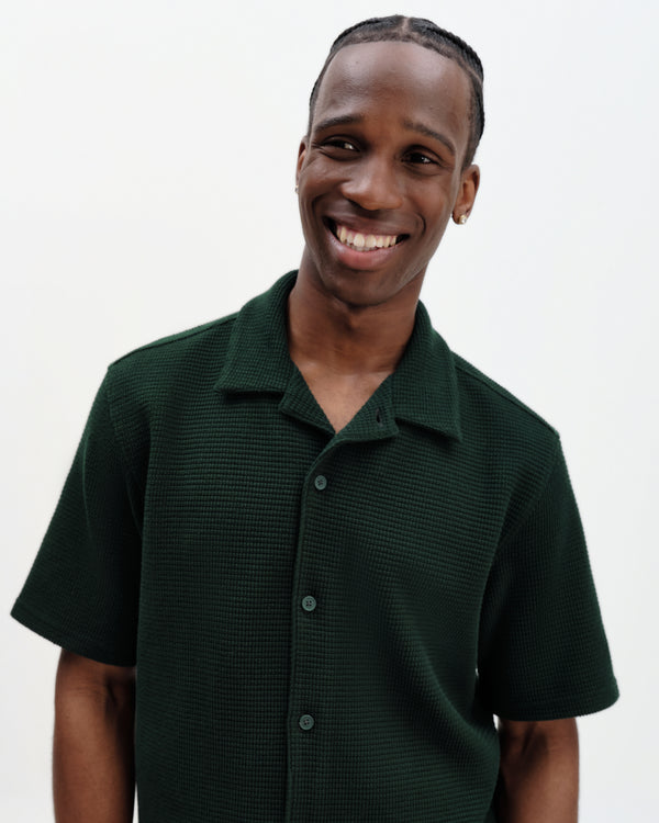 Clayland - Bottle Green Textured Waffle Short-Sleeve Shirt