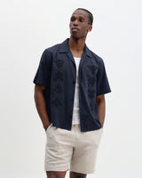 Curzon - Navy Grid Applique Short-Sleeve Shirt