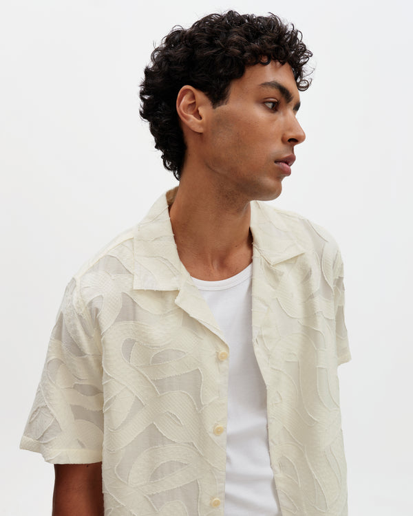Curzon - Ecru Jacquard Viscose Short-Sleeve Shirt