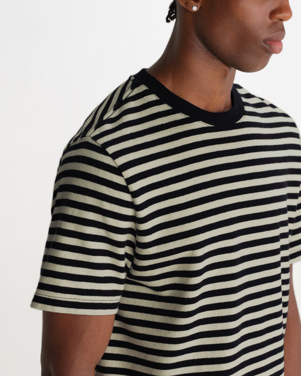 Dean - Navy And Ecru Striped Textured Organic Cotton T-Shirt