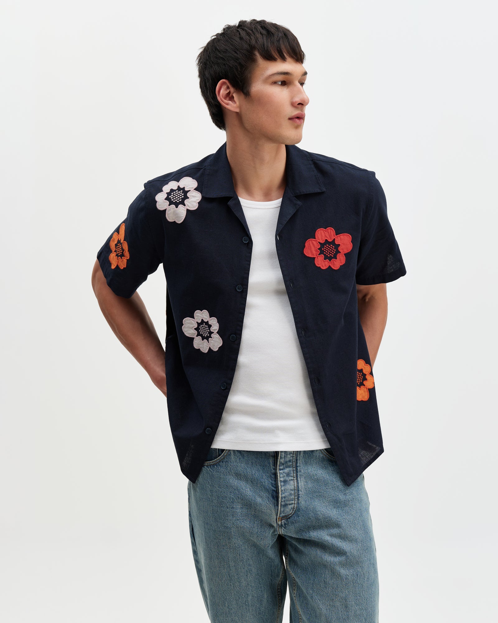 Men's Navy Floral Applique Short-Sleeve Shirt | Wax London