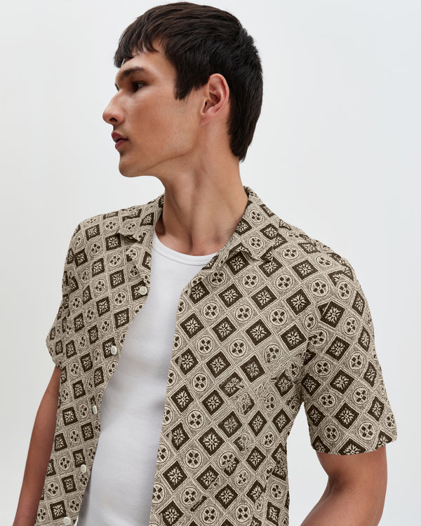 Didcot - Ecru And Black Tile Print Short-Sleeve Shirt