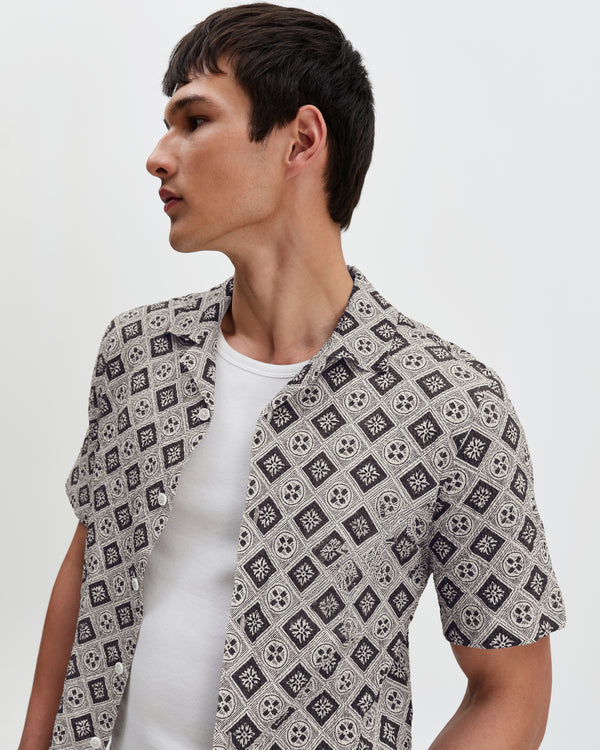 Didcot - Ecru And Black Tile Print Short-Sleeve Shirt