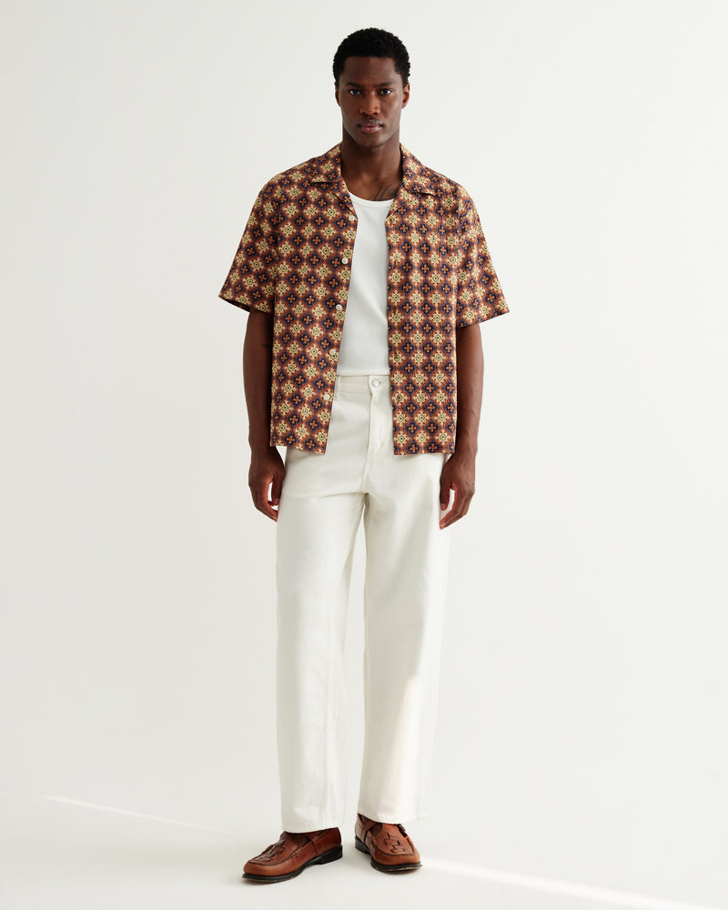＜6(ROKU)＞NYLON SILK ROUND PRINT SHIRT Men's Rust Tile Print Seersucker Short-Sleeve Shirt | Wax London