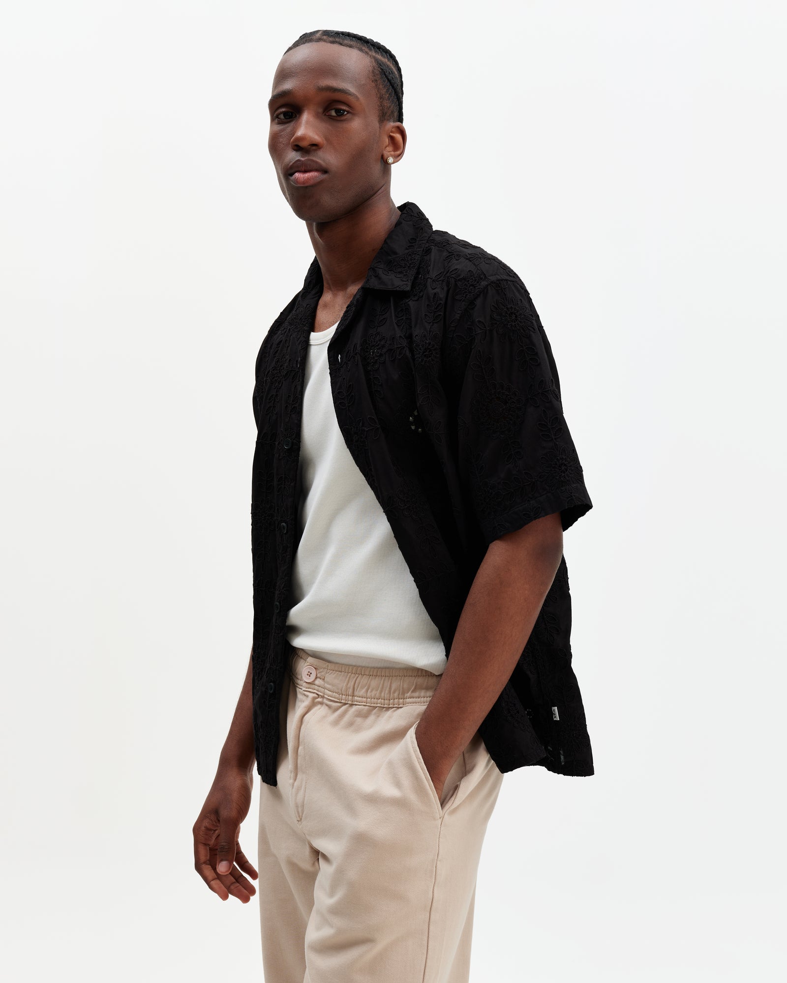 Men's Black Corded Lace Short-Sleeve Shirt | Wax London