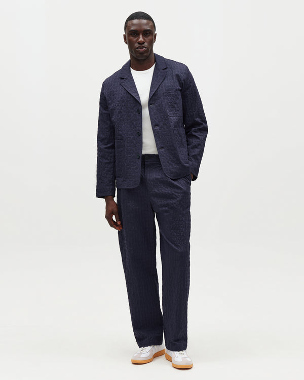 Malham - Navy Dobby Cotton Wide Fit Trousers