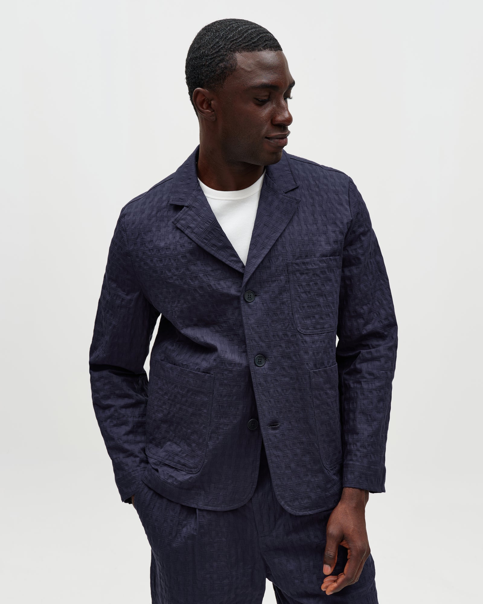 Men's Navy Dobby Cotton Blazer | Wax London