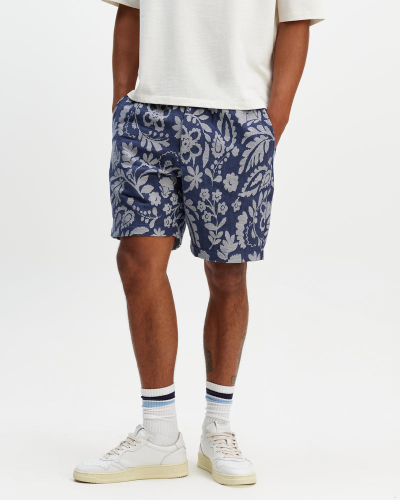 Men's Blue And Ecru Floral Jacquard Shorts | Wax London