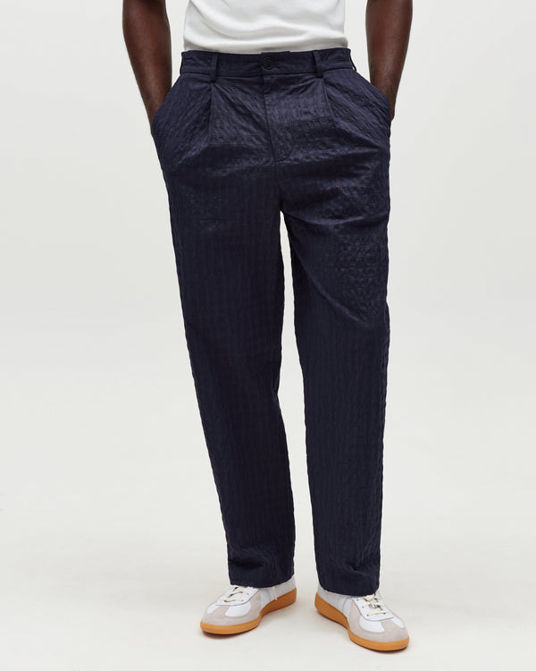 Malham - Navy Dobby Cotton Wide Fit Trousers