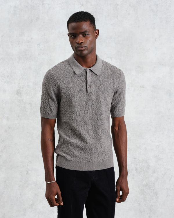 Naples - Grey Marl Textured-Check Knitted Polo Shirt