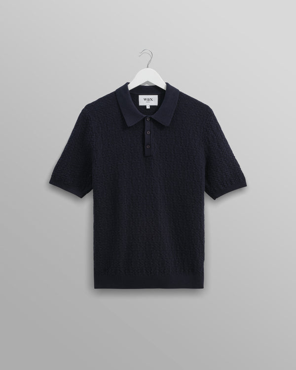 Naples - Navy Textured-Check Knitted Polo Shirt