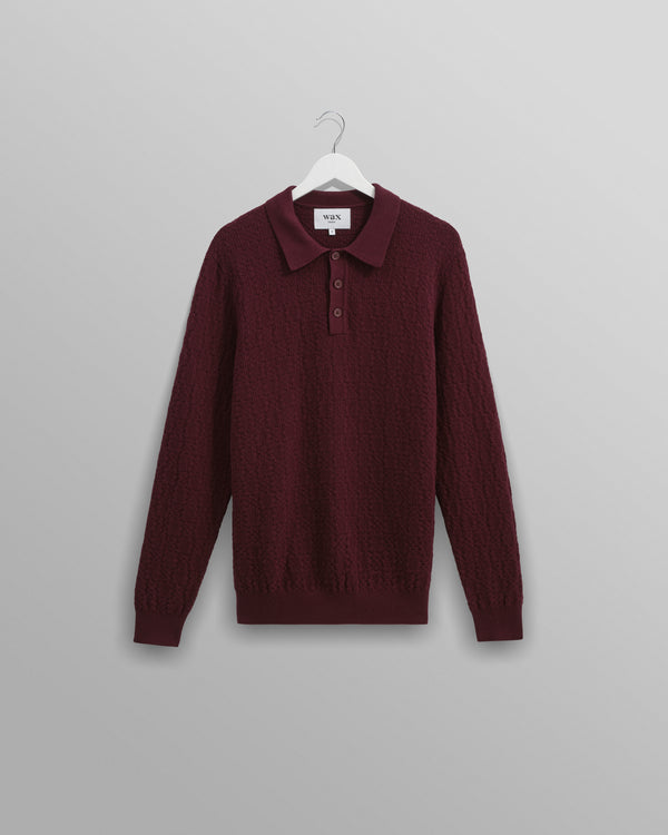 Oban - Burgundy Textured-Check Knitted Long Sleeve Polo Shirt