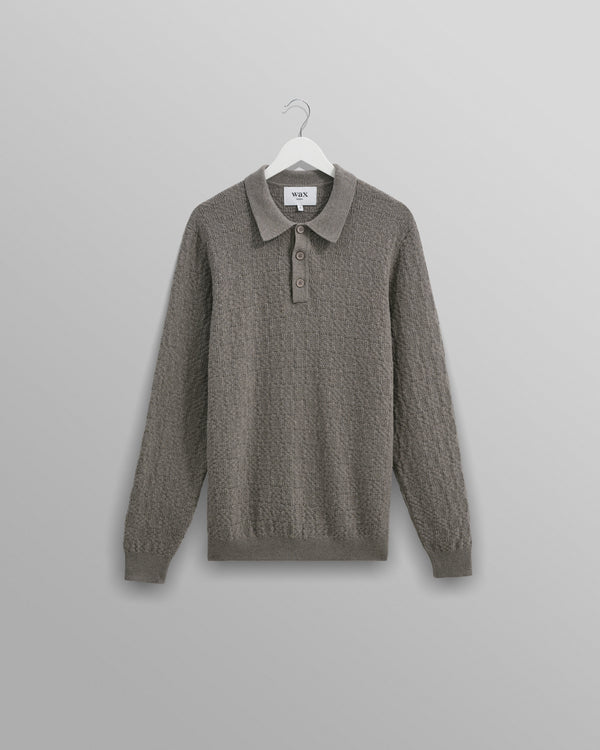 Oban - Grey Marl Textured-Check Knitted Long Sleeve Polo Shirt